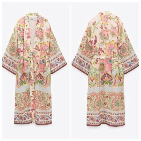 Zara Silky Floral Long Kimono Dress - Picture 4 of 9